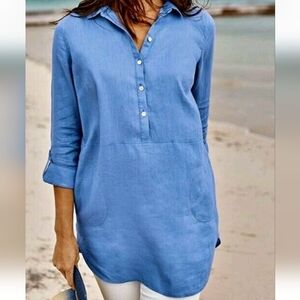 J.Jill Linen Tab-Sleeve Tunic Pullover Blouse Blue Size Small‎ Pockets